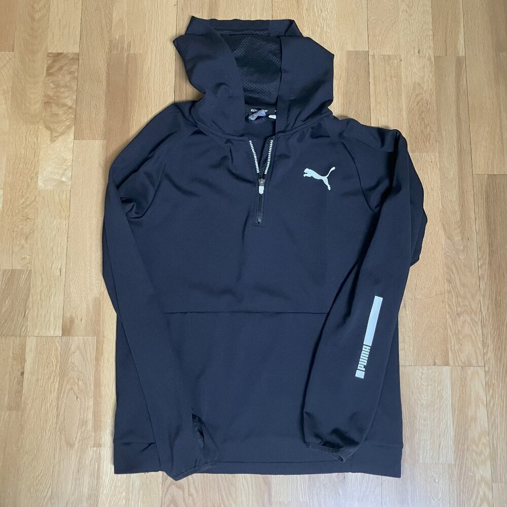 PUMA Men's Black 1/4 zip Hoodie Long Sleeve Sweatshirt Thumbholes Hood Size M